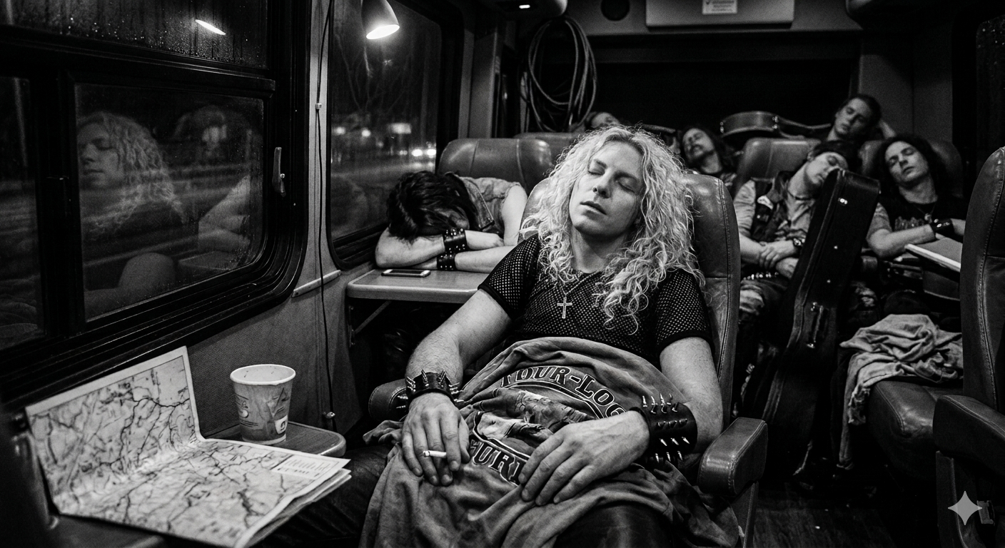 Band asleep inside the tour bus