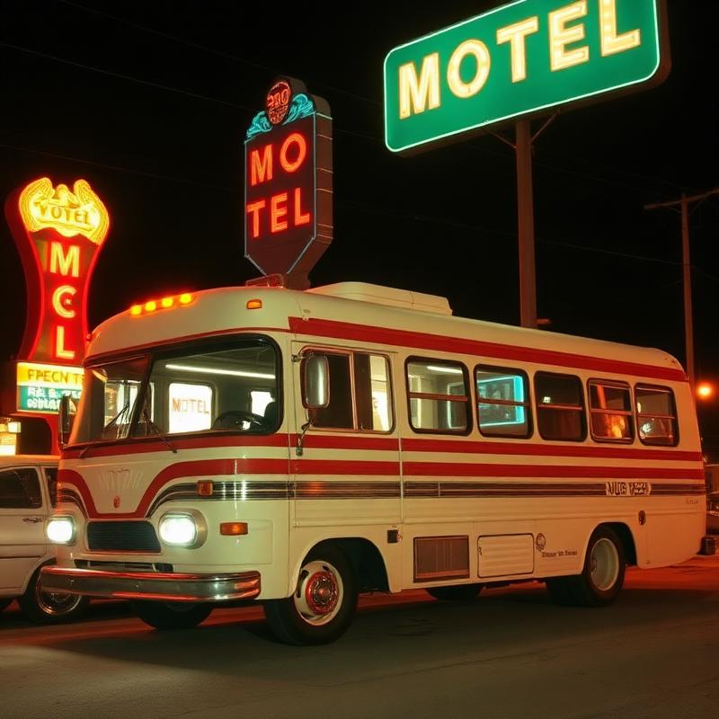 Tour bus parked under neon motel signs