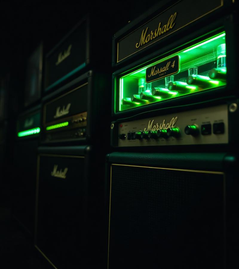 Marshall amplifier stack glowing green